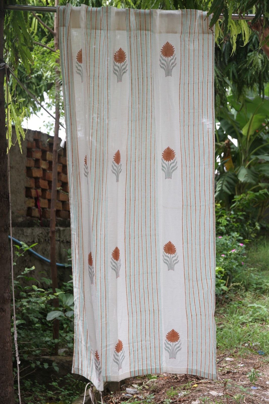 Stripes with Butta Hand Block Printed Cotton Window Curtain