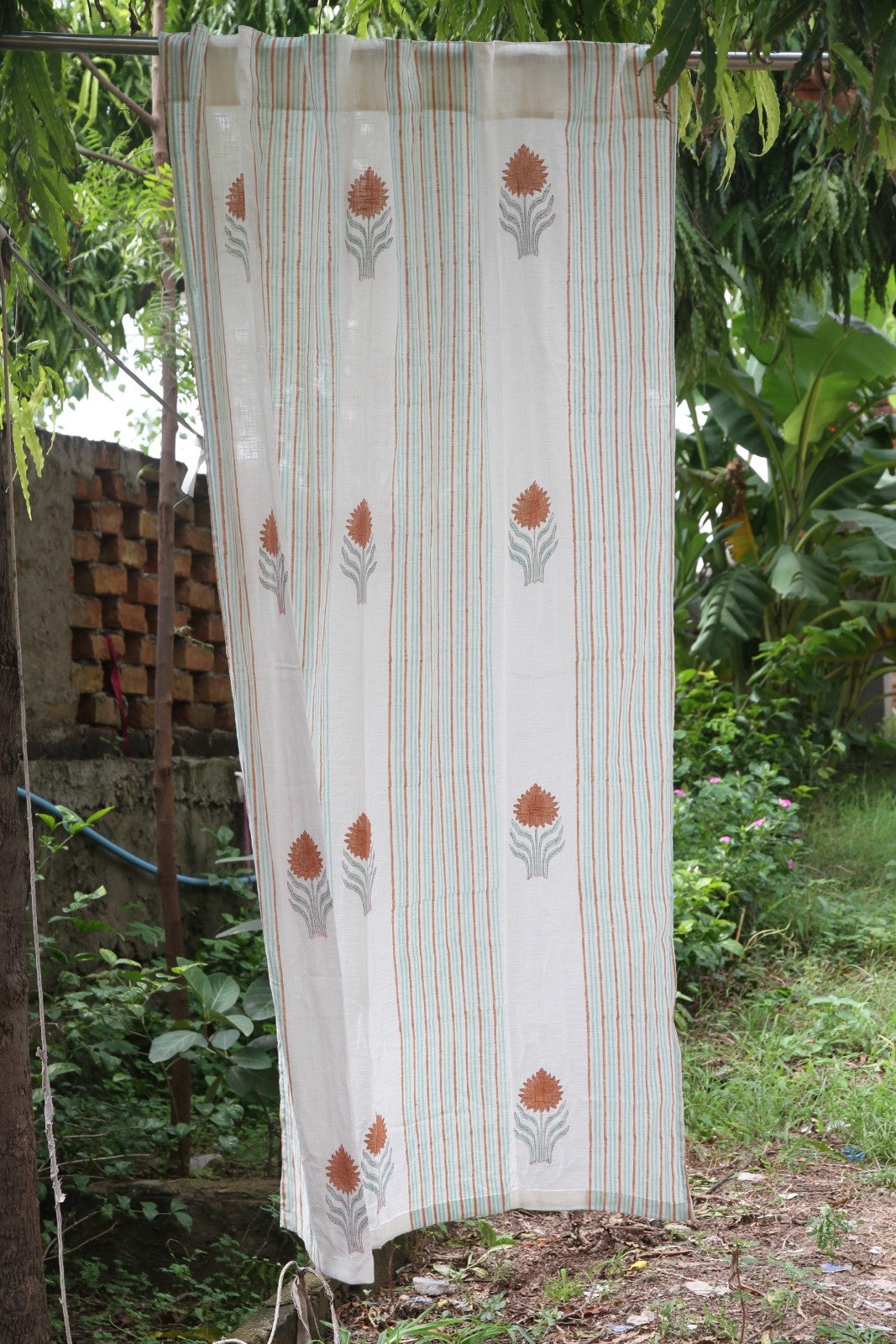 Stripes with Butta Hand Block Printed Cotton Window Curtain