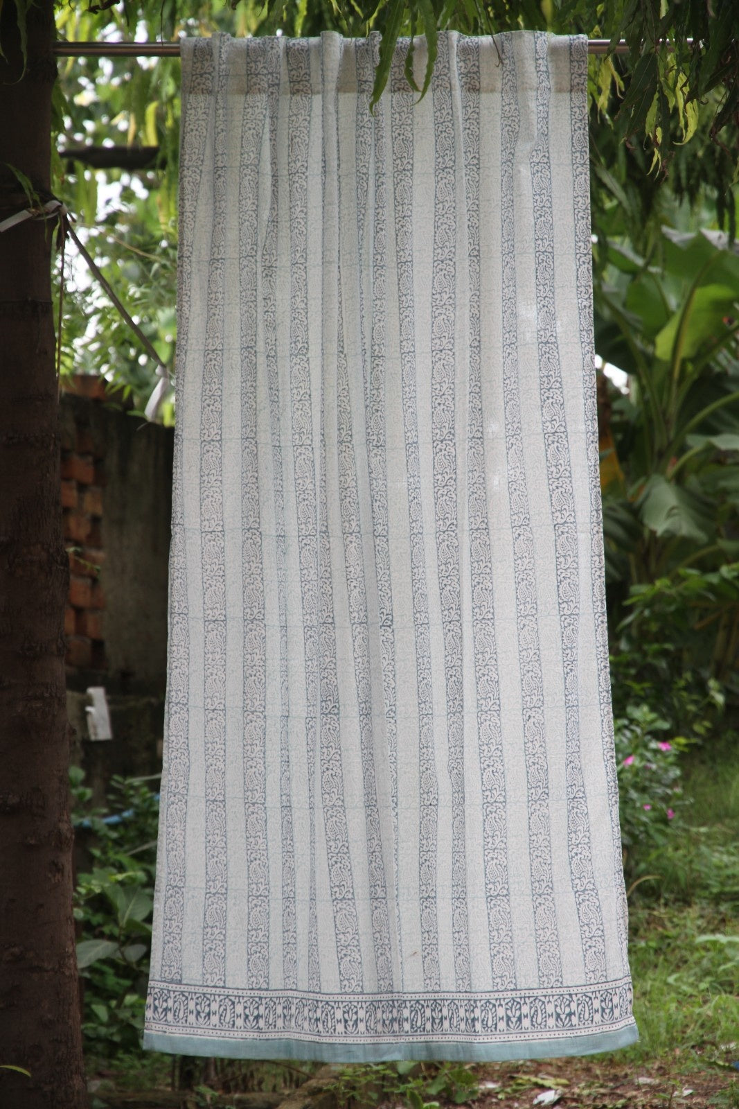 Border Line Floral Hand Block Printed Cotton Window Curtain