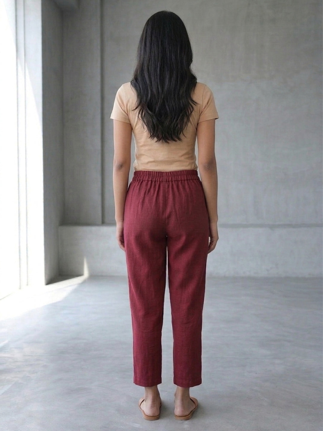 Maroon Cotton Linen Straight Pants with Drawstring Waist