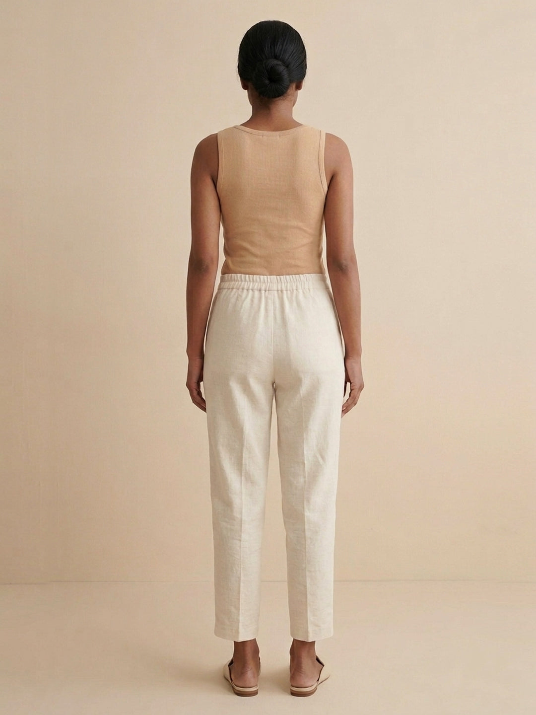 Off-White Cotton Linen Straight Pants with Drawstring Waist