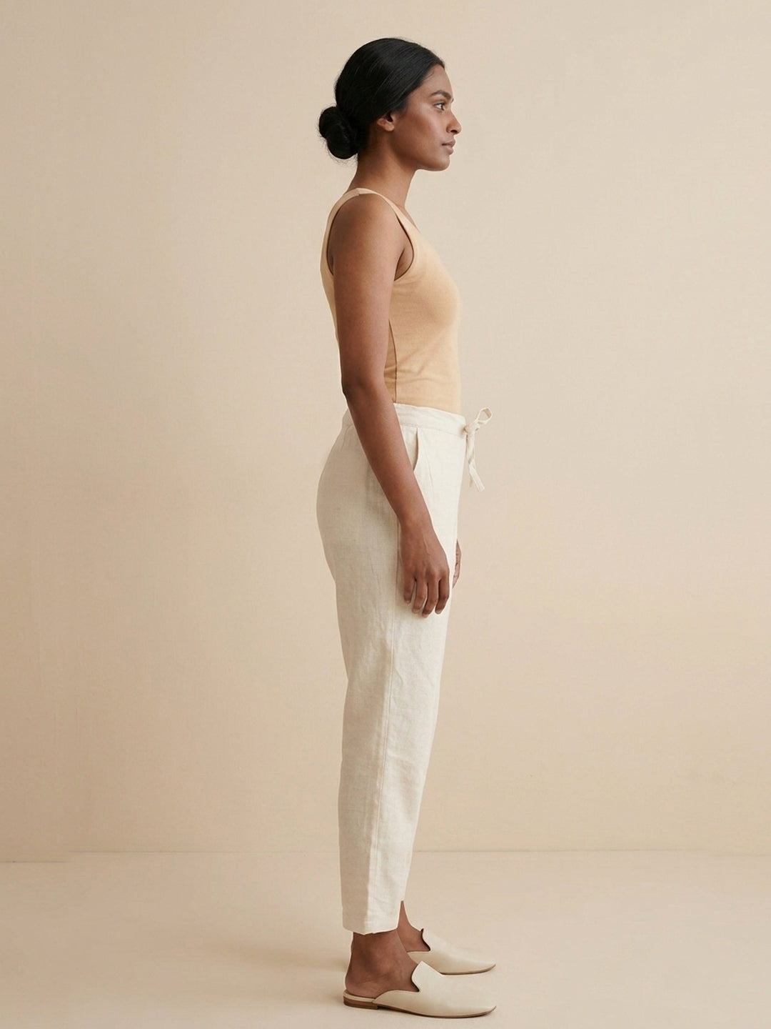 Off-White Cotton Linen Straight Pants with Drawstring Waist