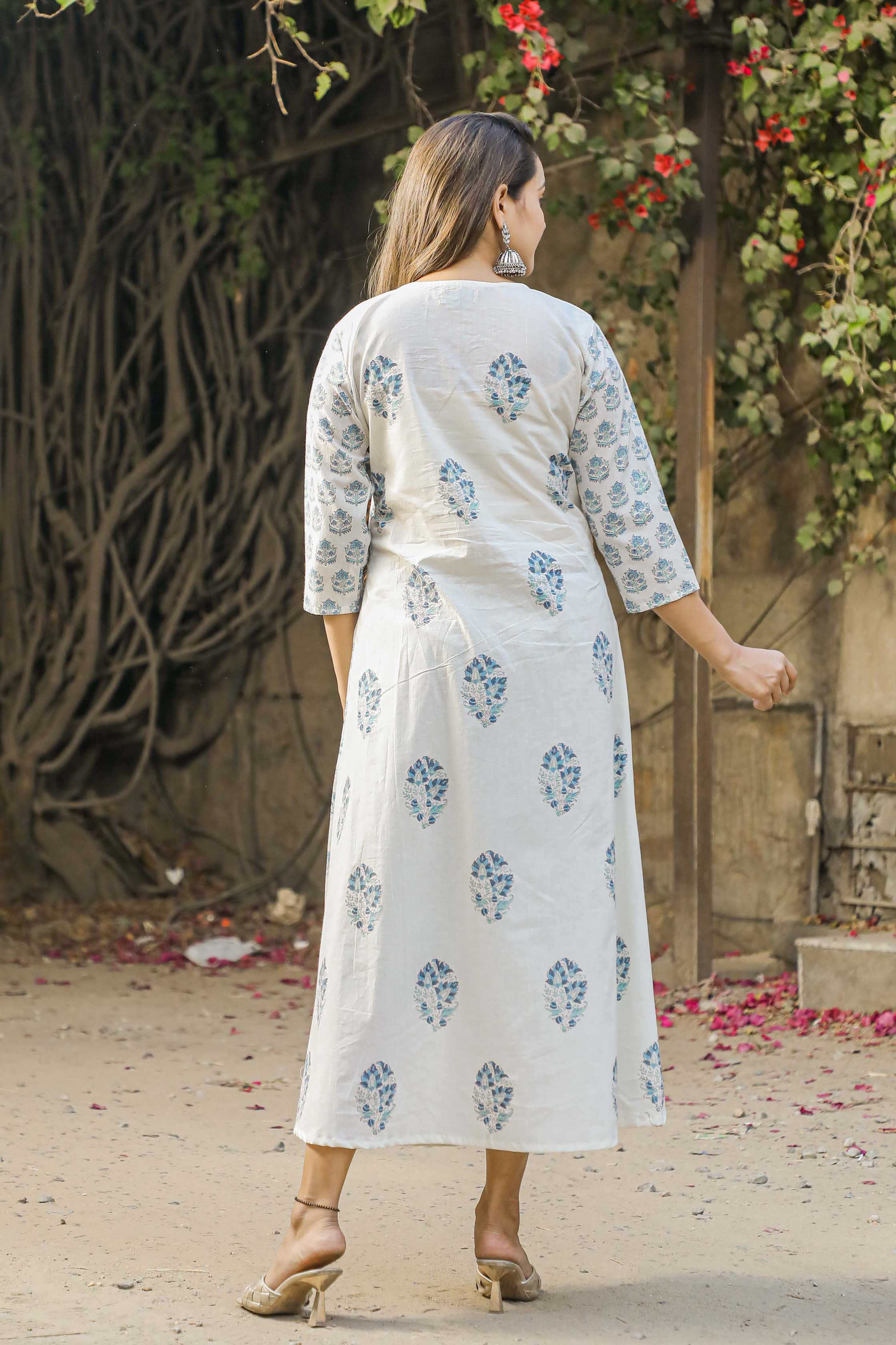 White and blue block printed cotton flared dress