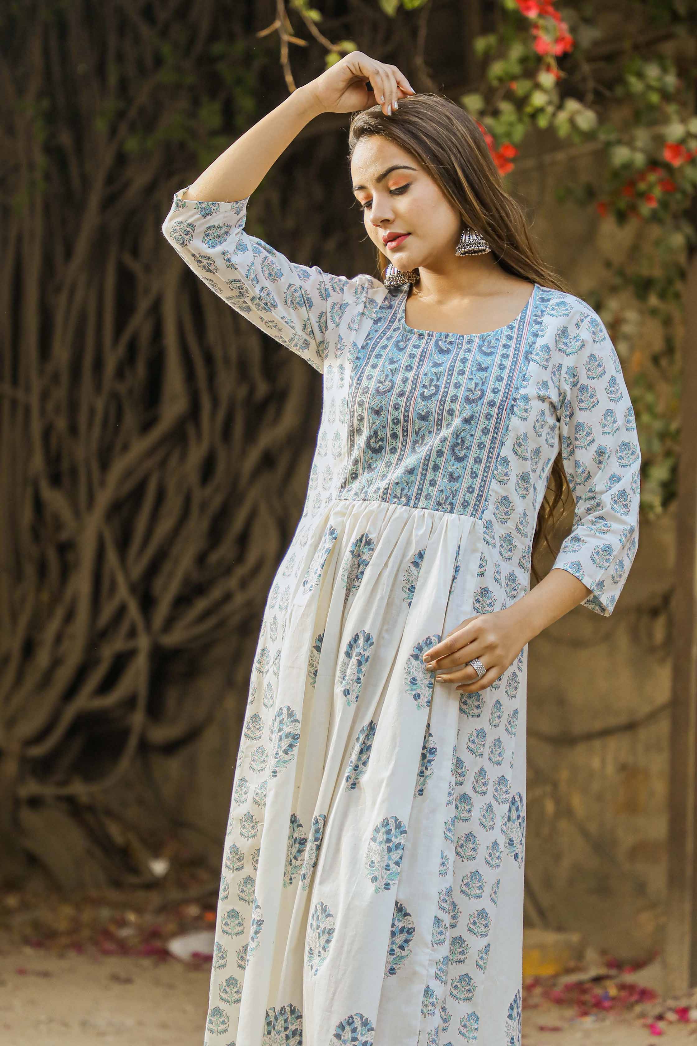 White and blue block printed cotton flared dress