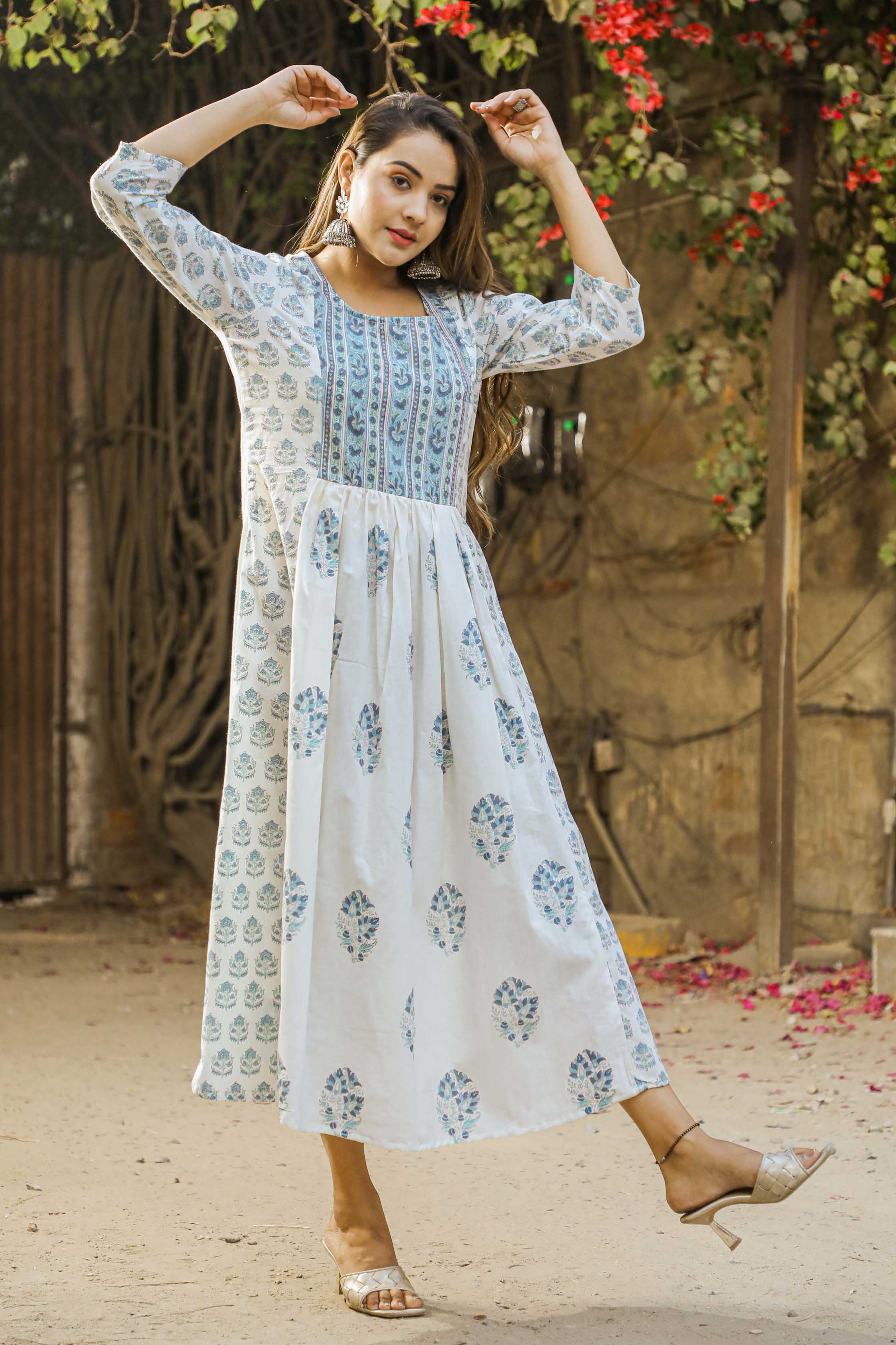 White and blue block printed cotton flared dress