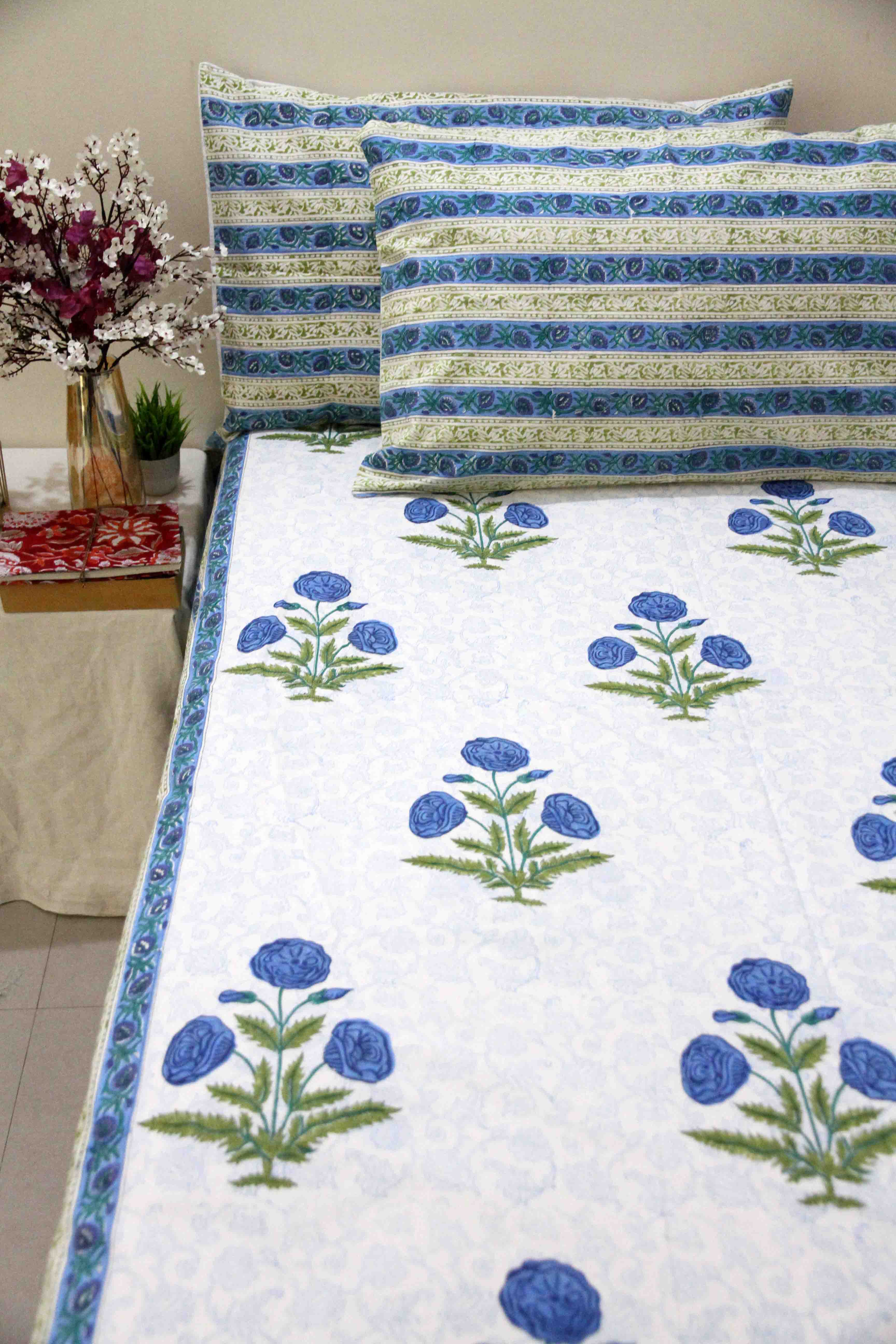 White and blue motifs block printed cotton bedsheet with pillow covers