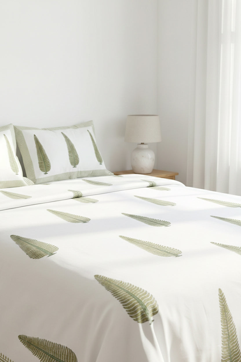 Tilak leaf On White Hand Block Printed Cotton Bedsheet