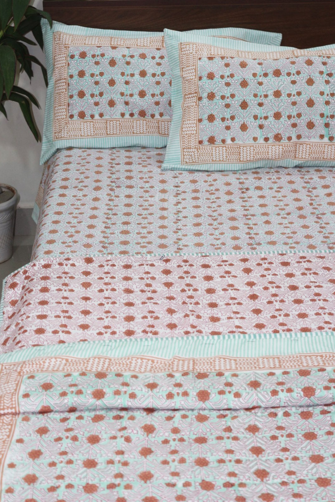 Aqua floral jaal White Hand Block Printed Cotton Bedsheet