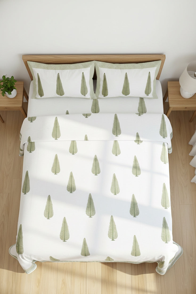 Tilak leaf On White Hand Block Printed Cotton Bedsheet