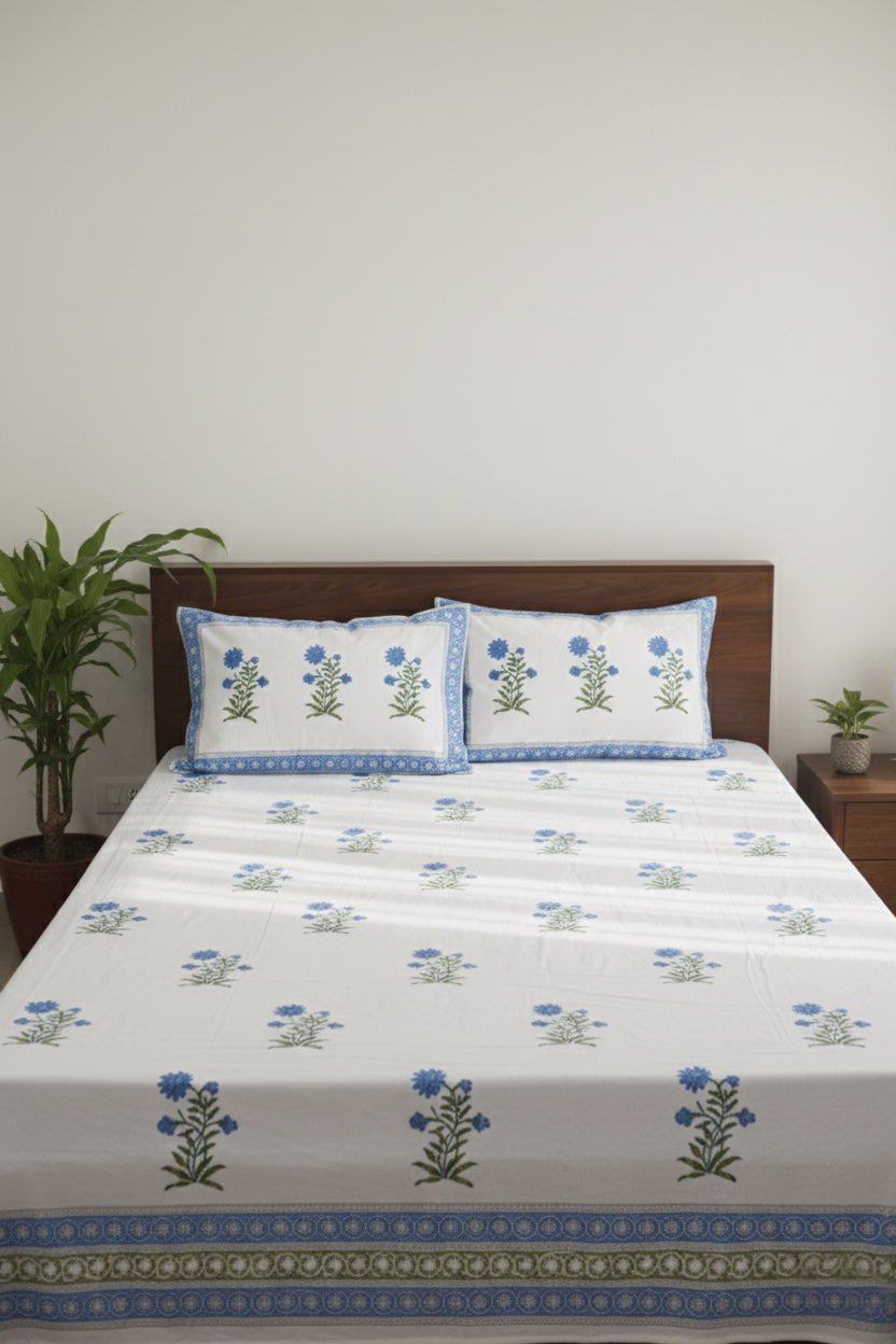 Blue Butta On White Hand Block Printed Cotton Bedsheet