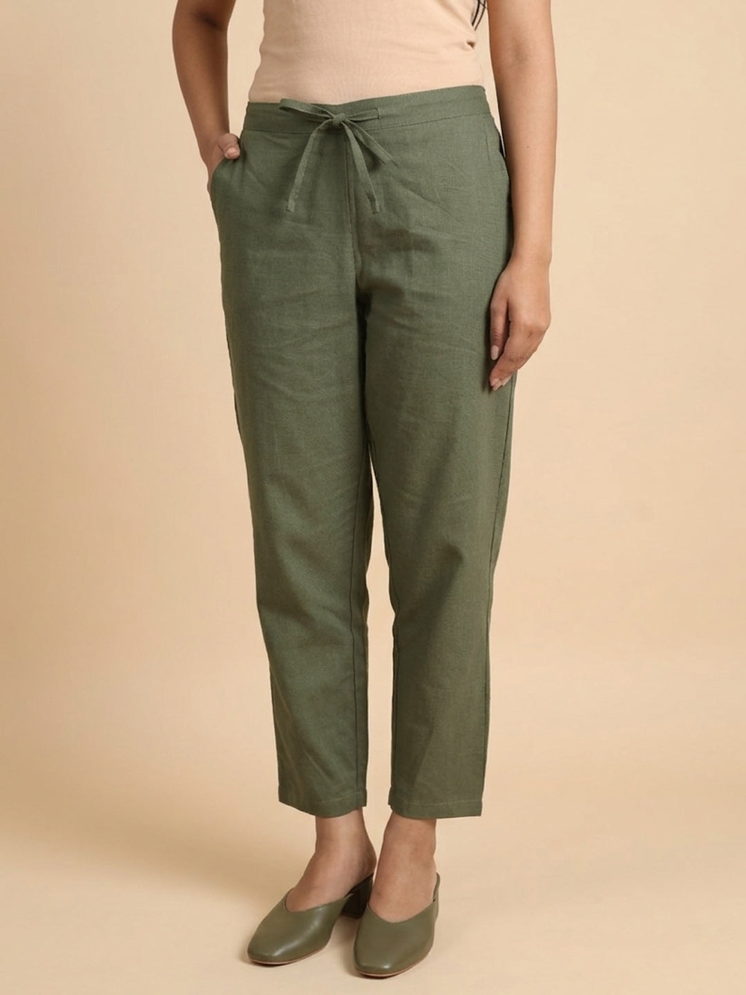Olive Green Cotton Linen Straight Pants with Drawstring Waist