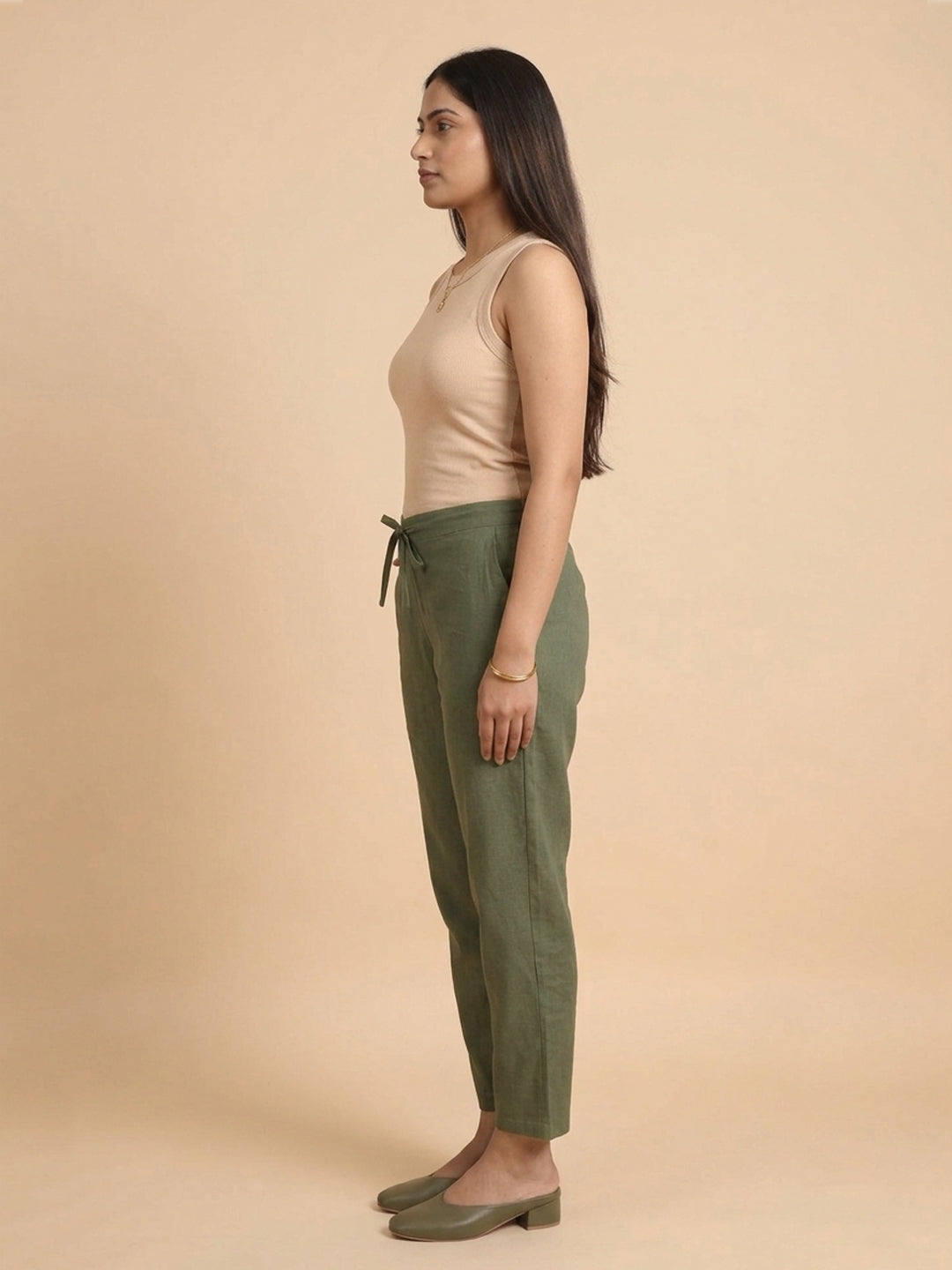 Olive Green Cotton Linen Straight Pants with Drawstring Waist