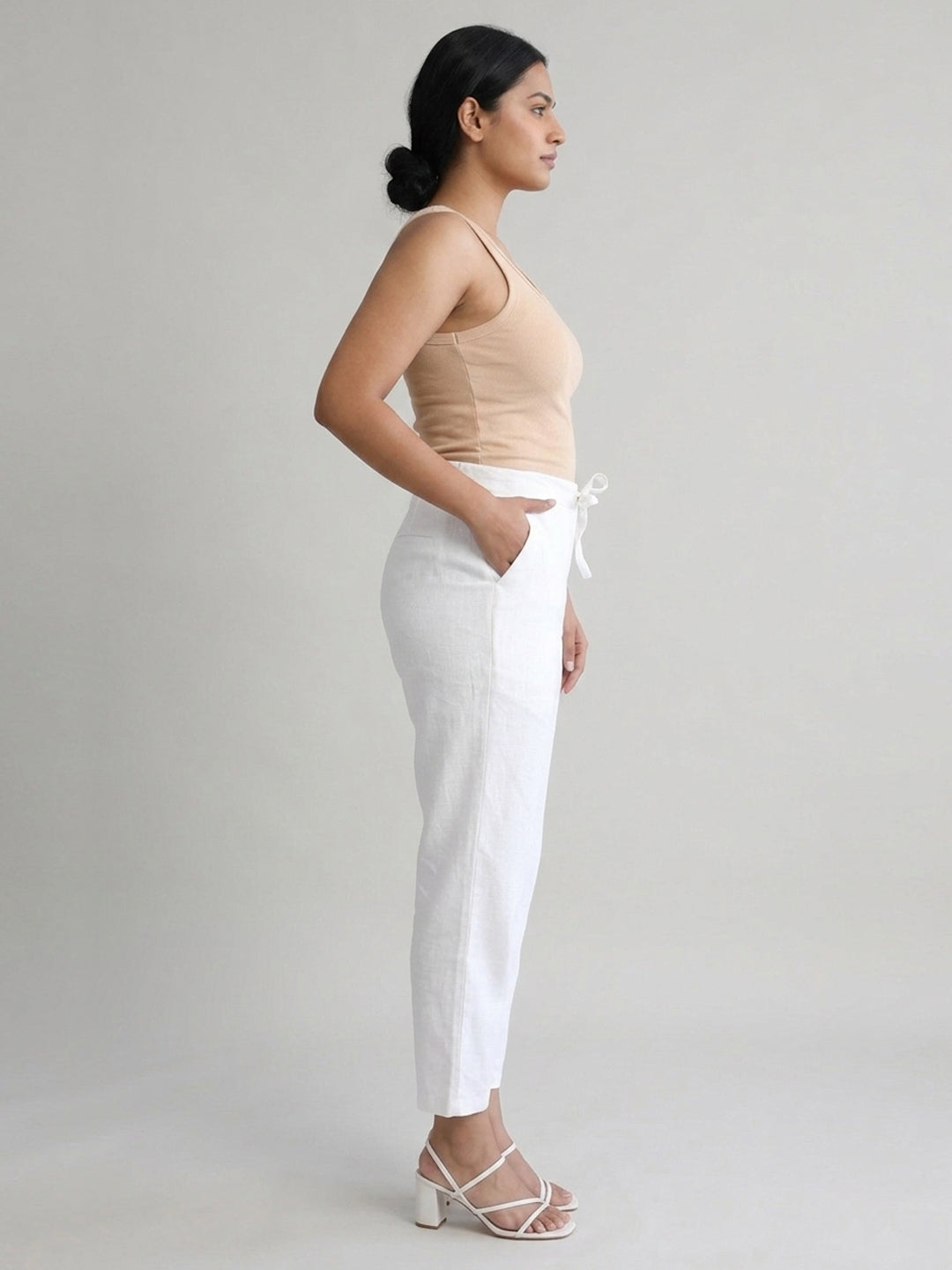 White Cotton Linen Straight Pants with Drawstring Waist