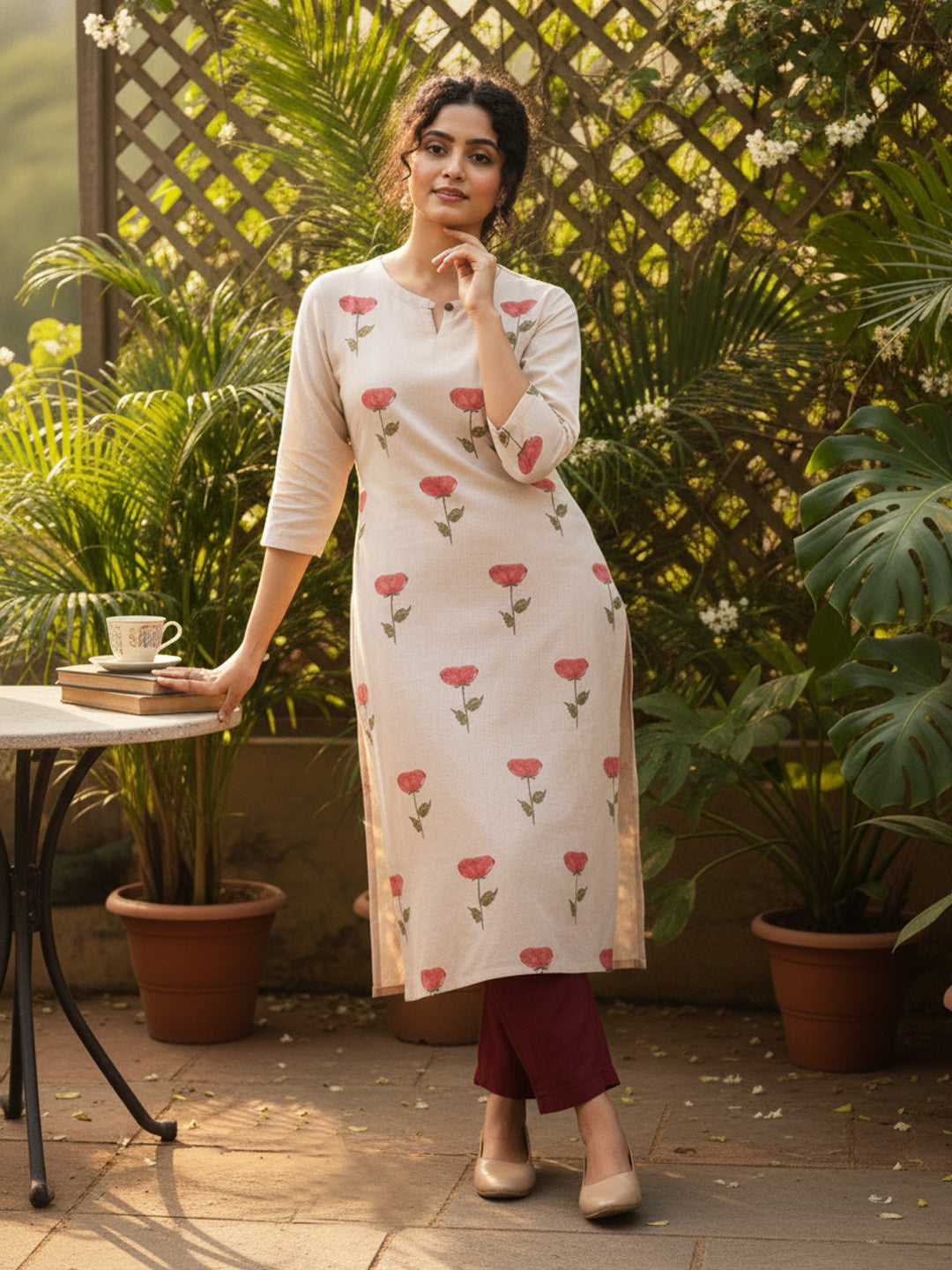 Rose Placement Hand Block Printed Straight Kurta