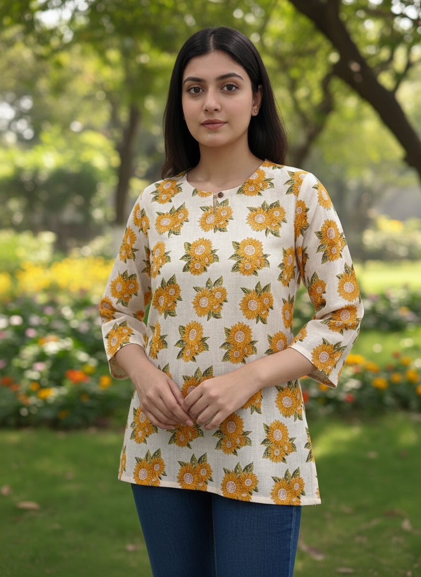 Sunflower Cotton Hand Block Printed Short Kurti