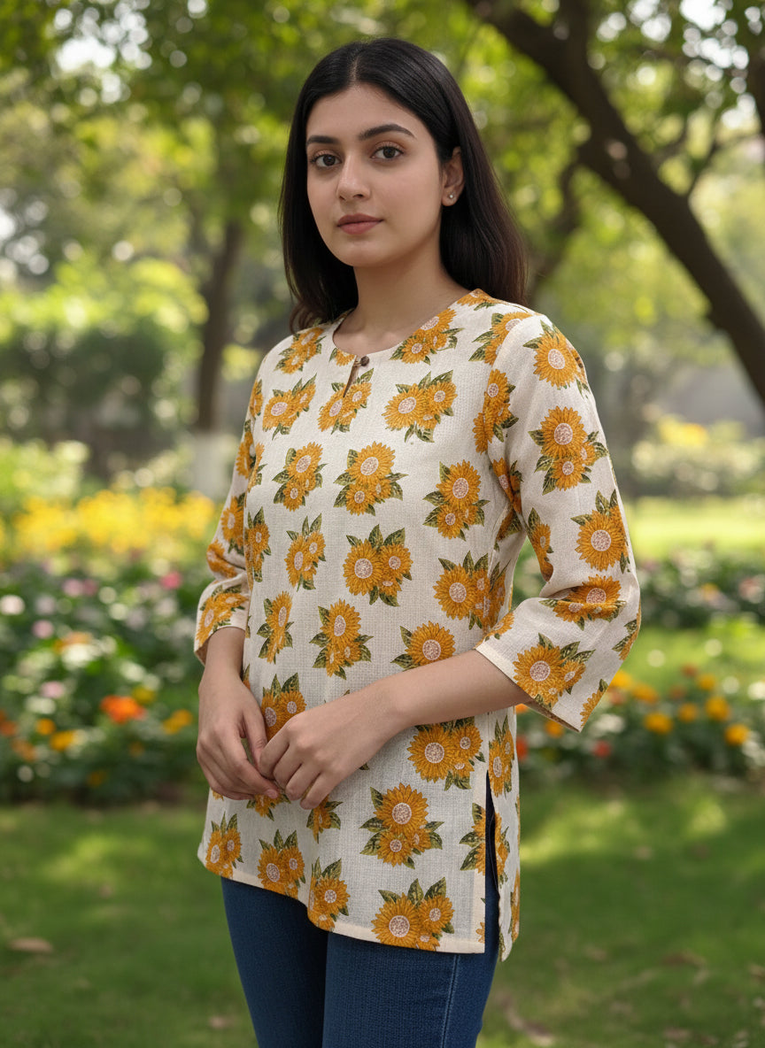 Sunflower Cotton Hand Block Printed Short Kurti