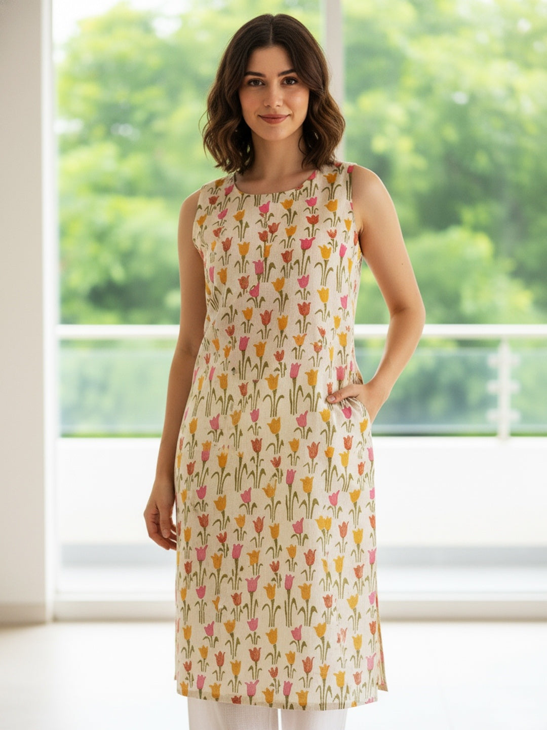 Tulip Sleeveless Block Printed Straight Kurta