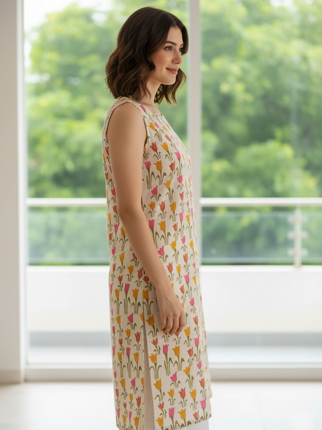 Tulip Sleeveless Block Printed Straight Kurta