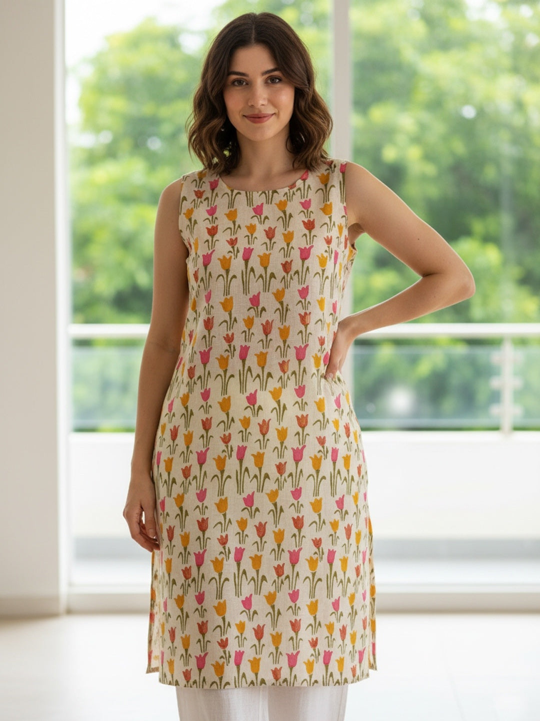 Tulip Sleeveless Block Printed Straight Kurta