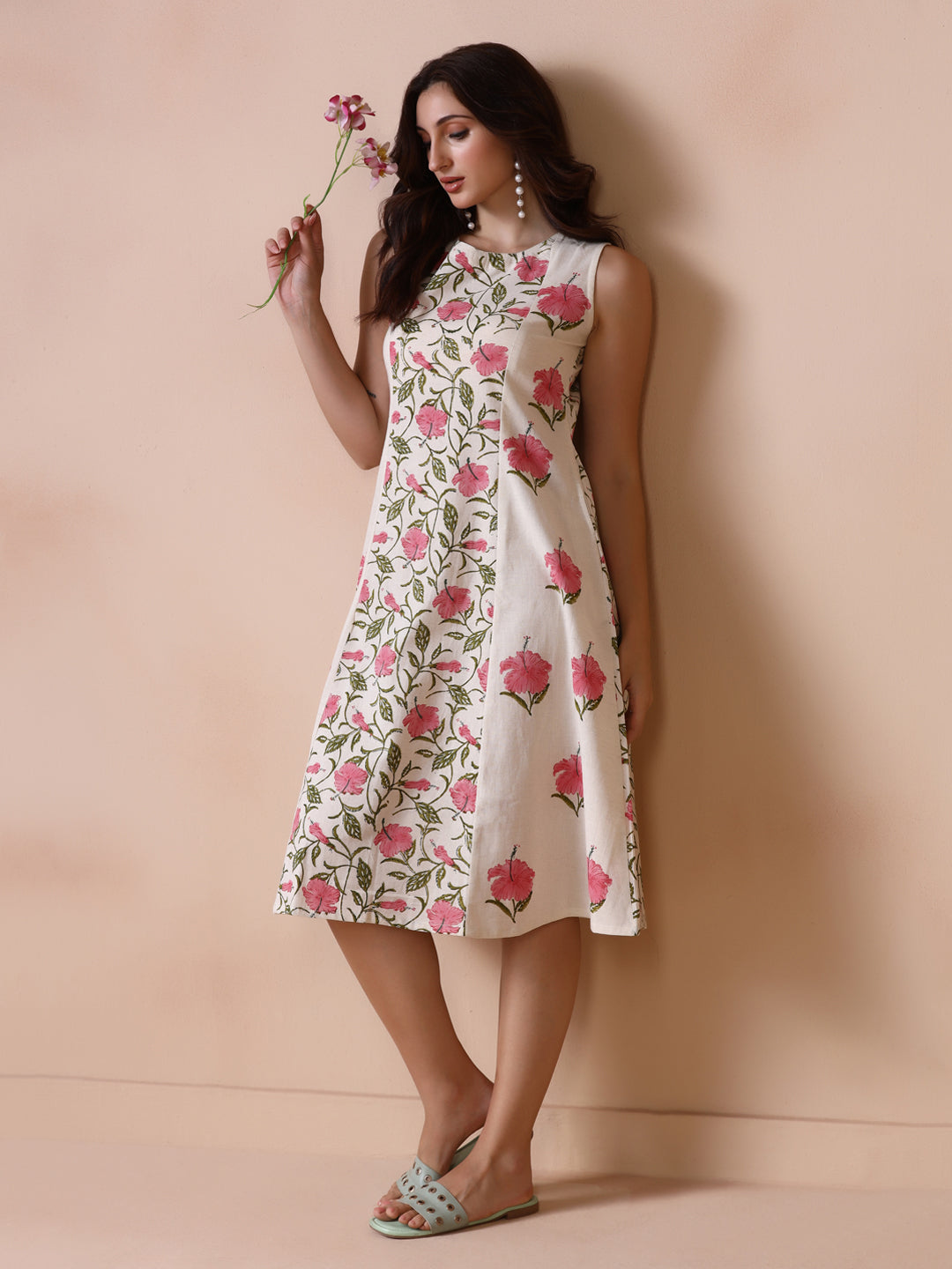 Pink Mandaar Floral Handblock Print Sleeveless Cotton Dress