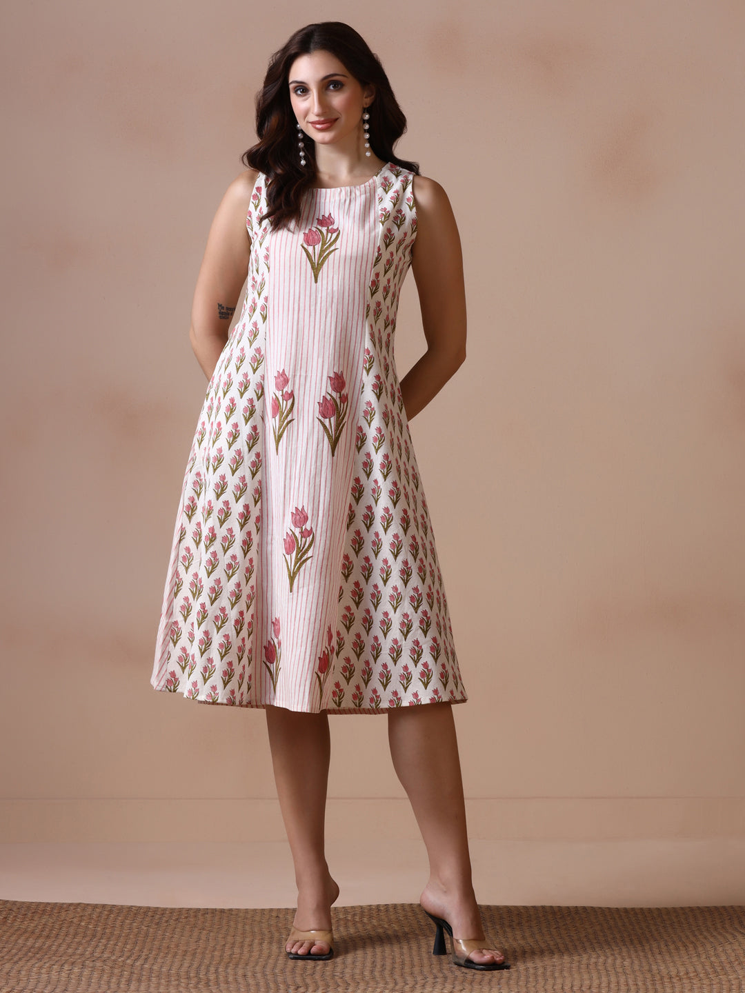 Pink Tulip Handblock Print Sleeveless Cotton Dress