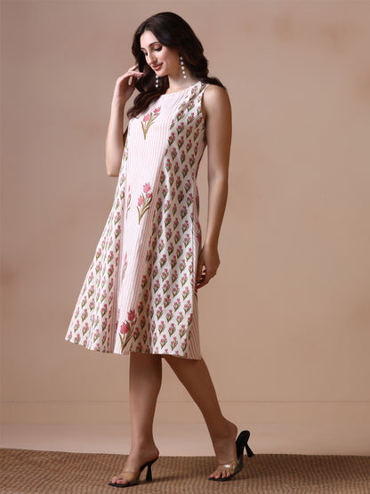 Pink Tulip Handblock Print Sleeveless Cotton Dress