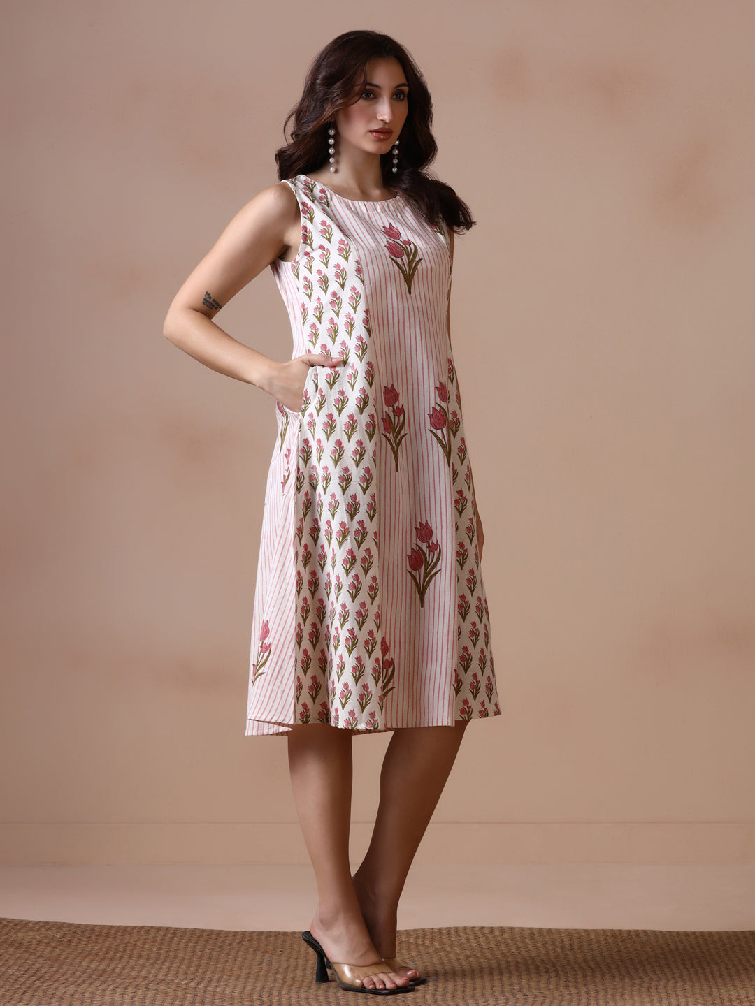 Pink Tulip Handblock Print Sleeveless Cotton Dress
