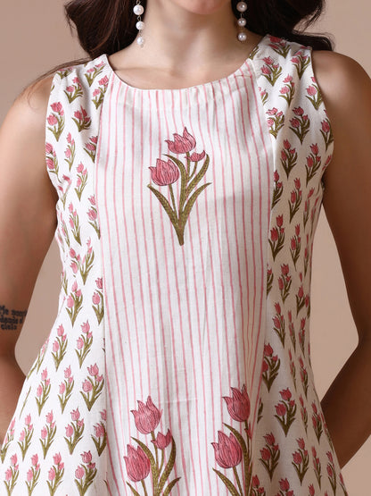 Pink Tulip Handblock Print Sleeveless Cotton Dress