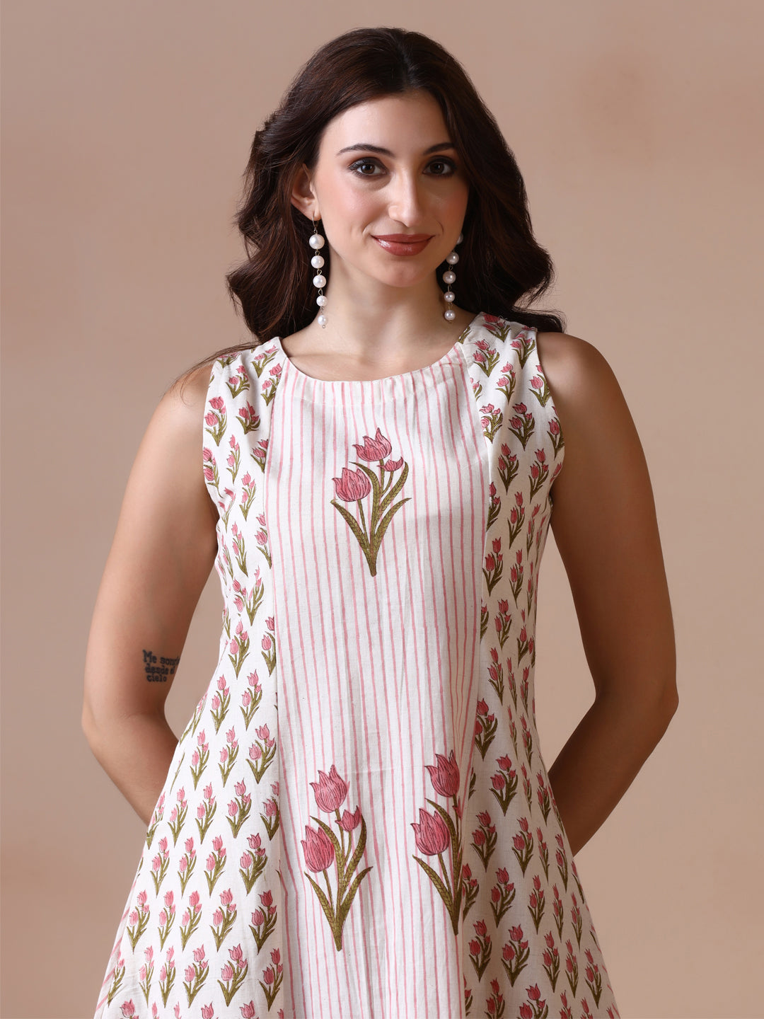 Pink Tulip Handblock Print Sleeveless Cotton Dress