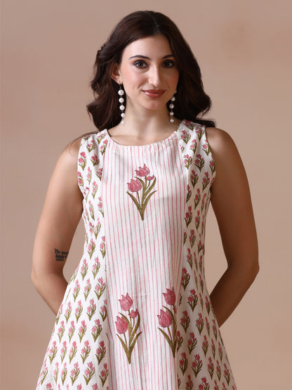 Pink Tulip Handblock Print Sleeveless Cotton Dress