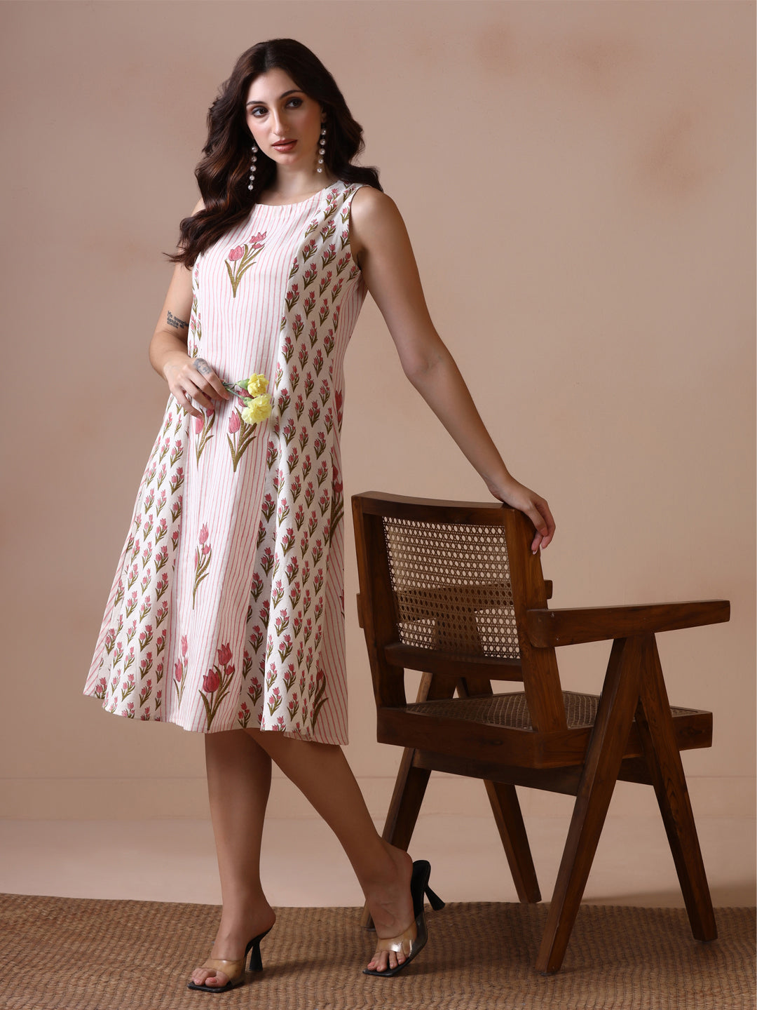 Pink Tulip Handblock Print Sleeveless Cotton Dress