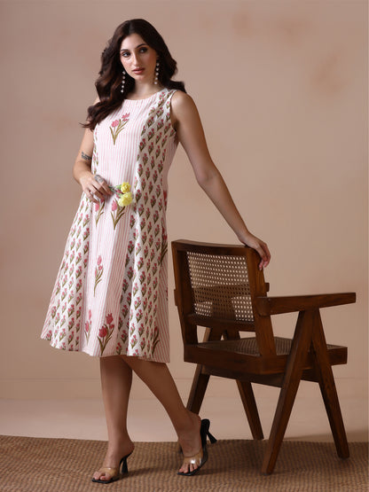 Pink Tulip Handblock Print Sleeveless Cotton Dress