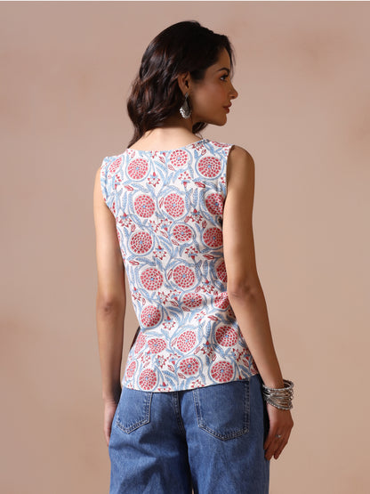 Petal Grace Handblock Print Sleeveless Top