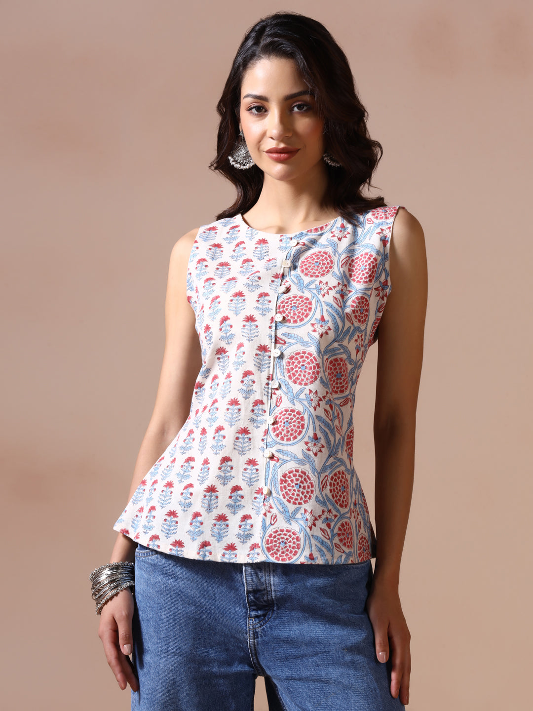 Petal Grace Handblock Print Sleeveless Top