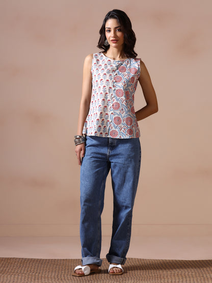 Petal Grace Handblock Print Sleeveless Top