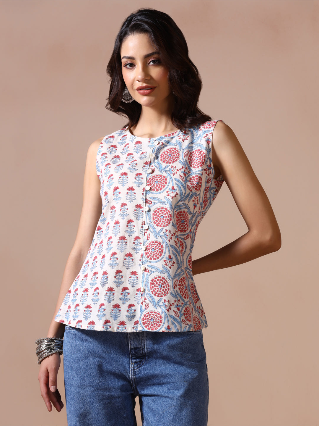 Petal Grace Handblock Print Sleeveless Top