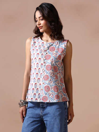 Petal Grace Handblock Print Sleeveless Top