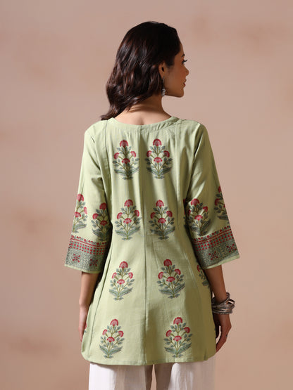 Pistachio Green Handblock Printed Flared Tunic Top with Floral Motifs