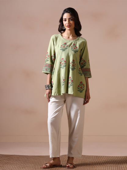 Pistachio Green Handblock Printed Flared Tunic Top with Floral Motifs