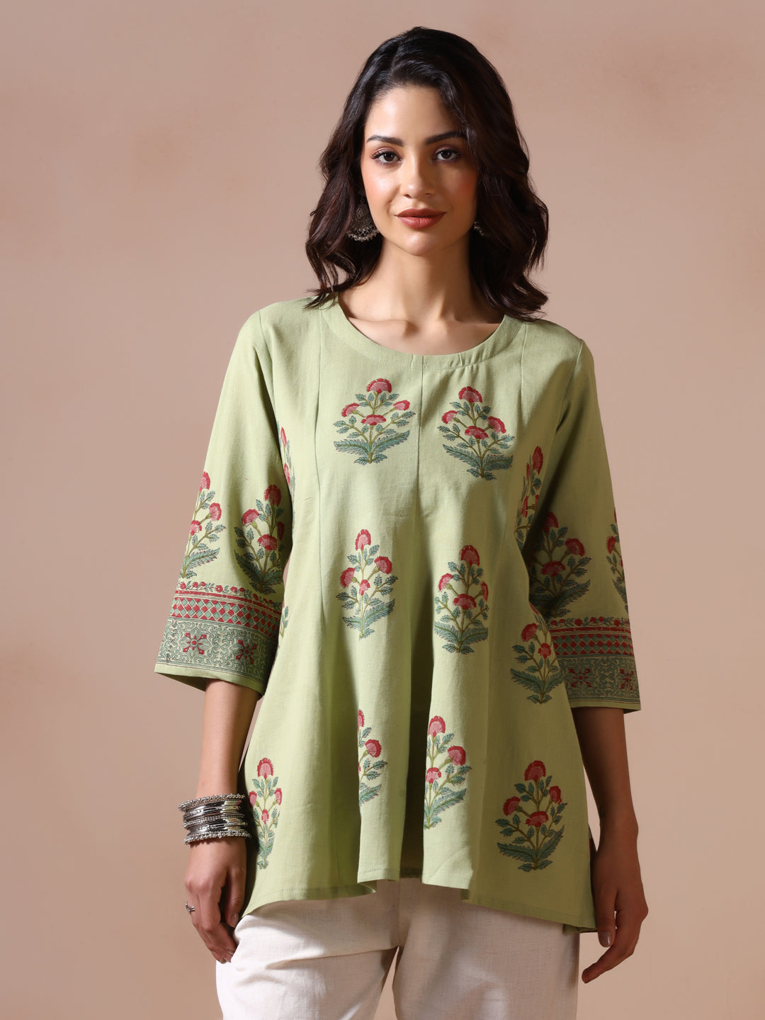 Pistachio Green Handblock Printed Flared Tunic Top with Floral Motifs