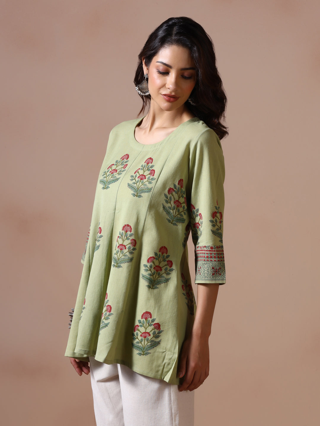 Pistachio Green Handblock Printed Flared Tunic Top with Floral Motifs