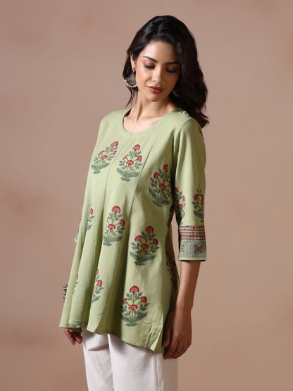 Pistachio Green Handblock Printed Flared Tunic Top with Floral Motifs