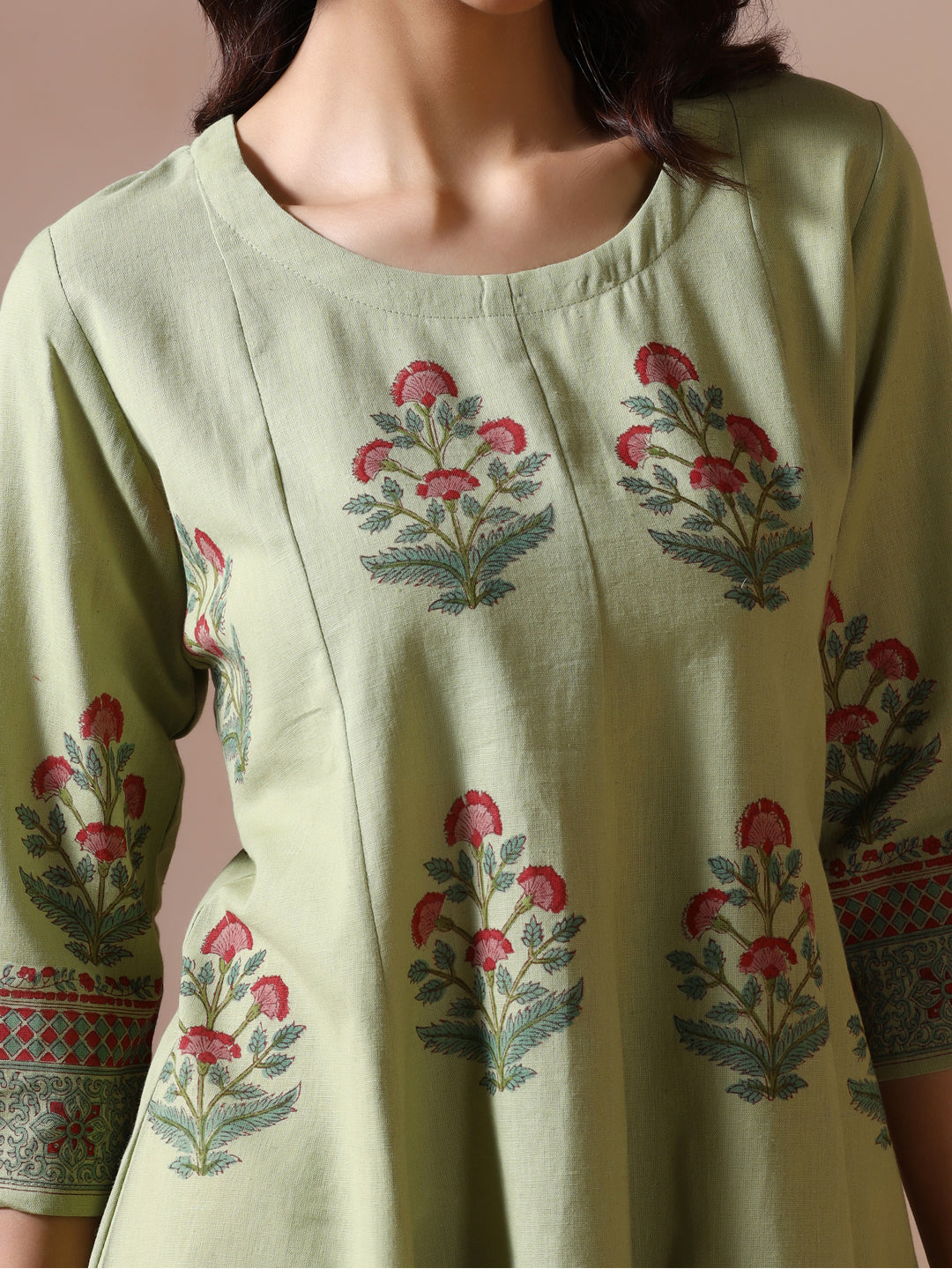Pistachio Green Handblock Printed Flared Tunic Top with Floral Motifs