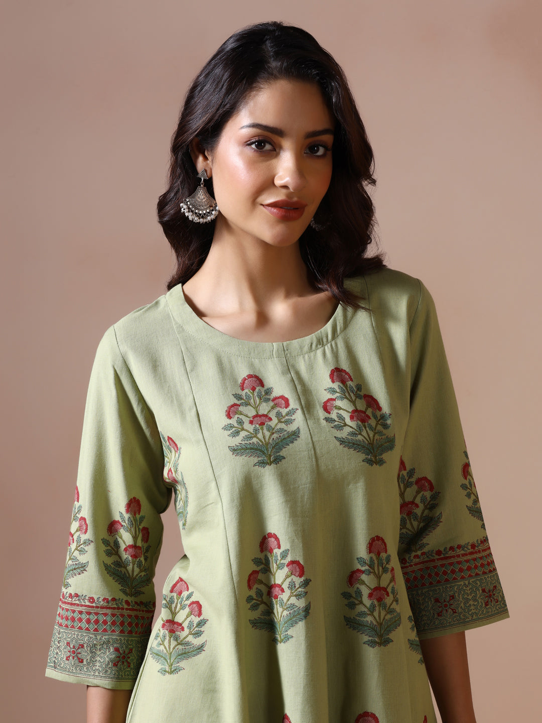 Pistachio Green Handblock Printed Flared Tunic Top with Floral Motifs