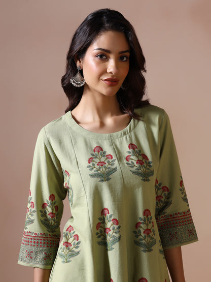 Pistachio Green Handblock Printed Flared Tunic Top with Floral Motifs
