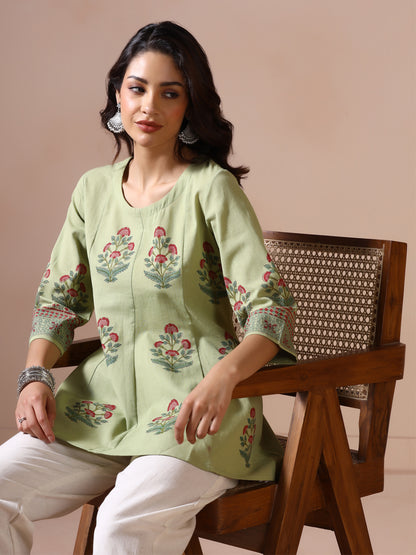 Pistachio Green Handblock Printed Flared Tunic Top with Floral Motifs
