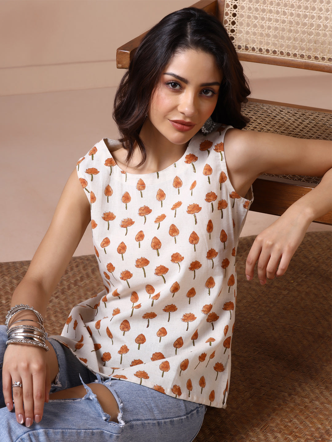 Amber Lotus Handblock Print Sleeveless Cotton Top