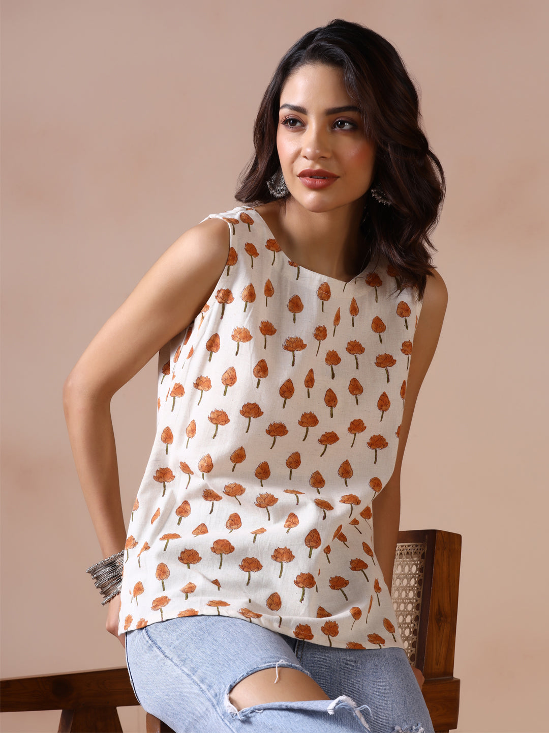 Amber Lotus Handblock Print Sleeveless Cotton Top