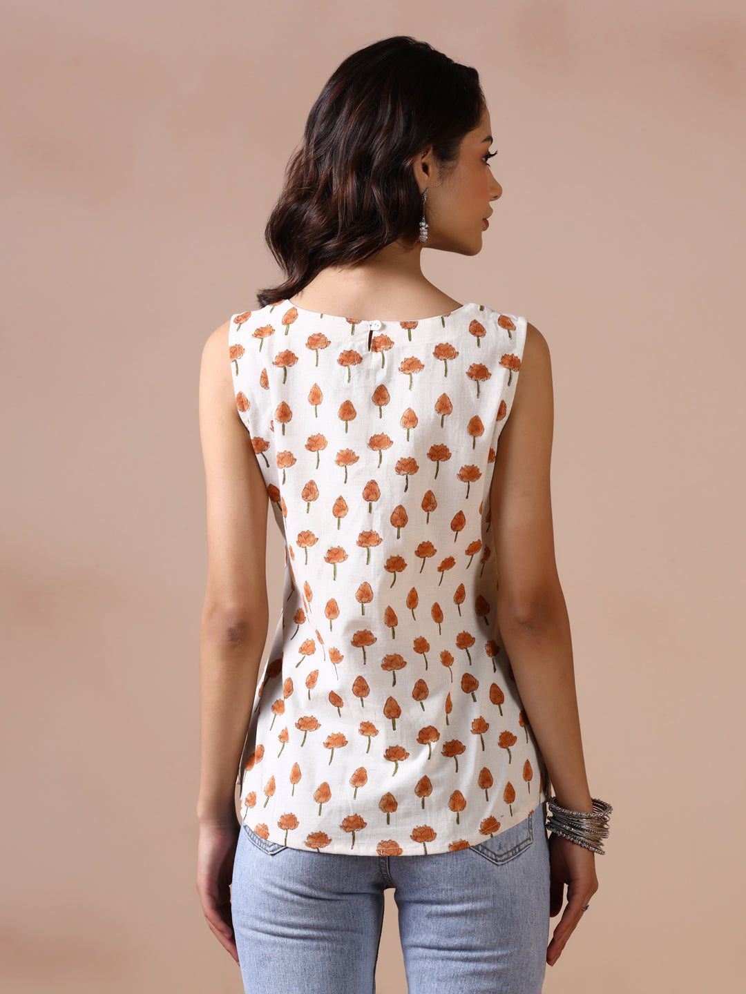 Amber Lotus Handblock Print Sleeveless Cotton Top