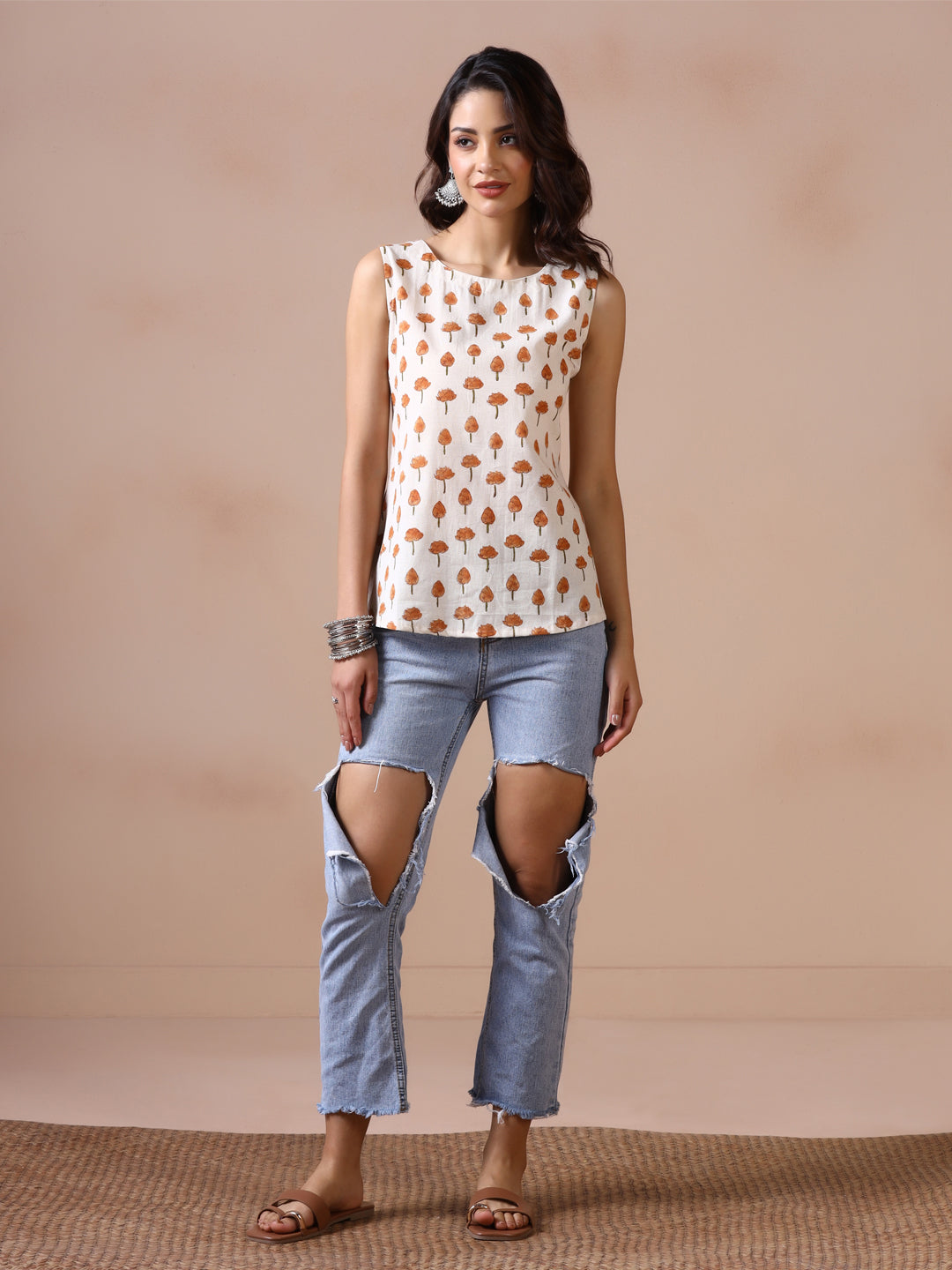 Amber Lotus Handblock Print Sleeveless Cotton Top